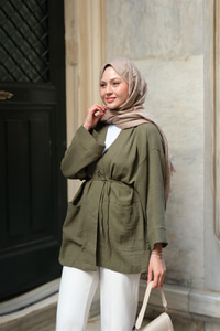 Cep Detaylı Keten Kimono Haki Yeşil