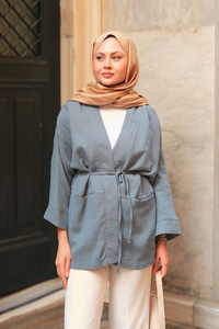 Cep Detaylı Keten Kimono İndigo Mavi