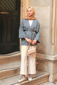 Cep Detaylı Keten Kimono İndigo Mavi