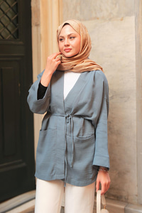 Cep Detaylı Keten Kimono İndigo Mavi