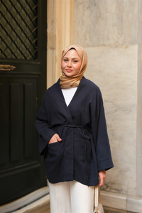 Cep Detaylı Keten Kimono Lacivert