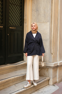 Cep Detaylı Keten Kimono Lacivert