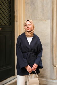 Cep Detaylı Keten Kimono Lacivert