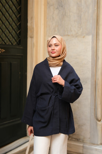 Cep Detaylı Keten Kimono Lacivert