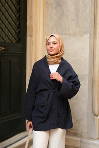 Cep Detaylı Keten Kimono Lacivert