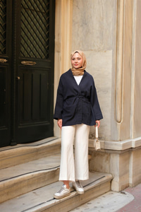 Cep Detaylı Keten Kimono Lacivert