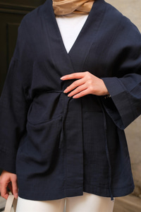 Cep Detaylı Keten Kimono Lacivert