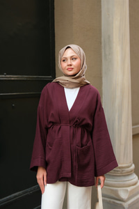 Cep Detaylı Keten Kimono Mürdüm