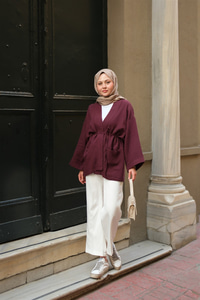 Cep Detaylı Keten Kimono Mürdüm