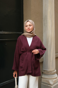 Cep Detaylı Keten Kimono Mürdüm