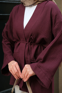 Cep Detaylı Keten Kimono Mürdüm