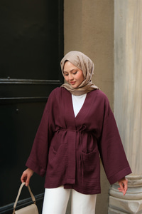 Cep Detaylı Keten Kimono Mürdüm