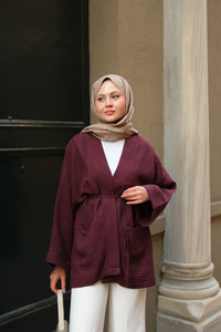 Cep Detaylı Keten Kimono Mürdüm