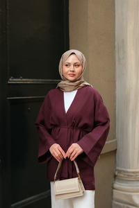 Cep Detaylı Keten Kimono Mürdüm