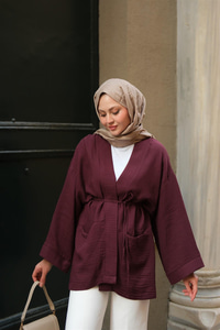 Cep Detaylı Keten Kimono Mürdüm