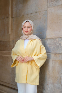 Cep Detaylı Keten Kimono Sarı