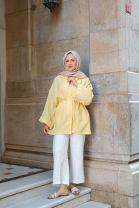 Cep Detaylı Keten Kimono Sarı