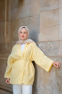 Cep Detaylı Keten Kimono Sarı