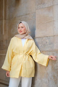 Cep Detaylı Keten Kimono Sarı