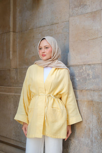 Cep Detaylı Keten Kimono Sarı