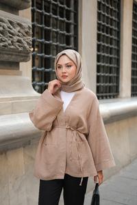 Cep Detaylı Keten Kimono Vizon