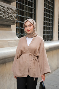 Cep Detaylı Keten Kimono Vizon