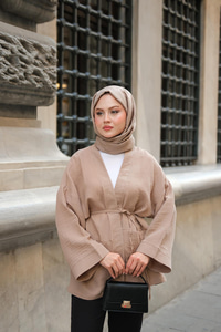 Cep Detaylı Keten Kimono Vizon