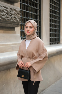 Cep Detaylı Keten Kimono Vizon