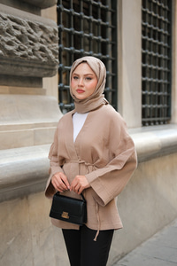 Cep Detaylı Keten Kimono Vizon