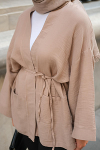 Cep Detaylı Keten Kimono Vizon