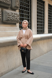 Cep Detaylı Keten Kimono Vizon