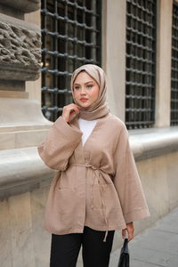 Cep Detaylı Keten Kimono Vizon