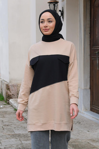 Cep Kapaklı Garnili Tunik  Krem