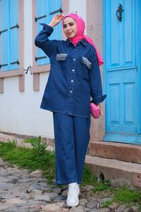 Cep Taş Detaylı Kot Takım Koyu Mavi