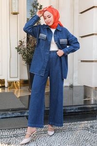 Cep Taş Detaylı Kot Takım Koyu Mavi