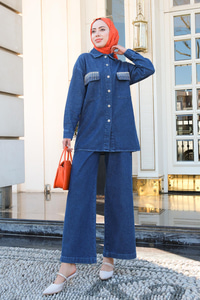 Cep Taş Detaylı Kot Takım Koyu Mavi