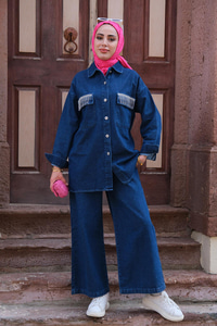 Cep Taş Detaylı Kot Takım Koyu Mavi