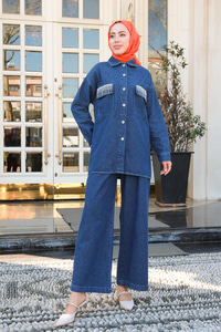 Cep Taş Detaylı Kot Takım Koyu Mavi