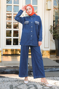 Cep Taş Detaylı Kot Takım Koyu Mavi
