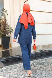 Cep Taş Detaylı Kot Takım Koyu Mavi