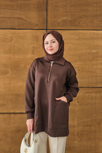 Cep Ve Yaka Detay Yarım Fermuarlı Sweat Kahverengi