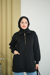 Cep Ve Yaka Detay Yarım Fermuarlı Sweat Siyah