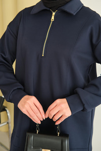 Cep Ve Yaka Detay Yarım Fermuarlı Sweat Lacivert