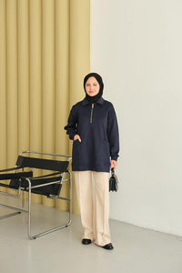 Cep Ve Yaka Detay Yarım Fermuarlı Sweat Lacivert