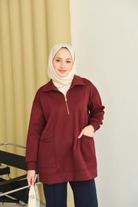 Cep Ve Yaka Detay Yarım Fermuarlı Sweat Bordo