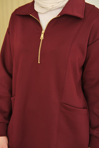 Cep Ve Yaka Detay Yarım Fermuarlı Sweat Bordo