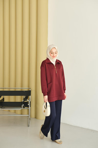 Cep Ve Yaka Detay Yarım Fermuarlı Sweat Bordo