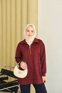 Cep Ve Yaka Detay Yarım Fermuarlı Sweat Bordo