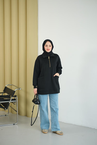 Cep Ve Yaka Detay Yarım Fermuarlı Sweat Siyah