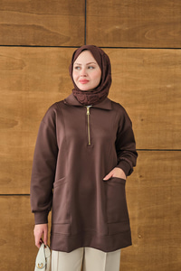 Cep Ve Yaka Detay Yarım Fermuarlı Sweat Kahverengi